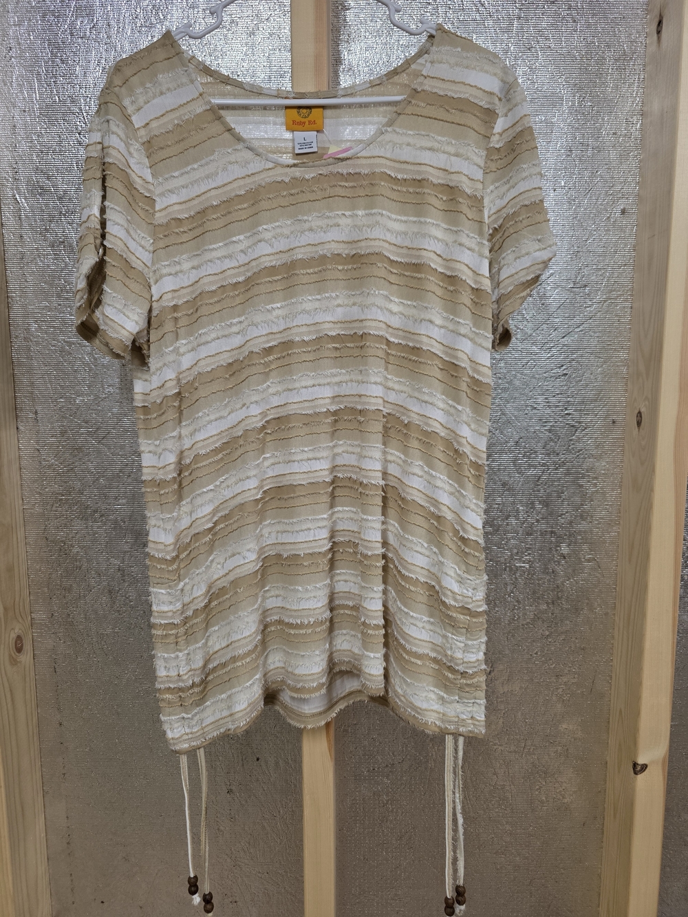 Ruby Rd. Tan & Cream Striped Tunic Top Size L With Cold Shoulder And Cinch Sides